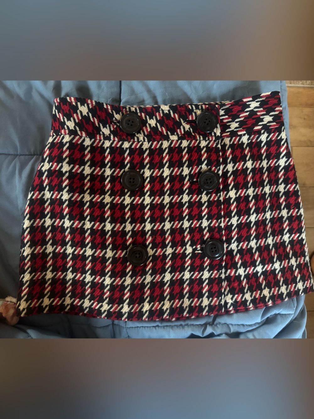 Express Design Studio Red and Black/Navy Houndstooth Button-Front Mini Skirt Siz